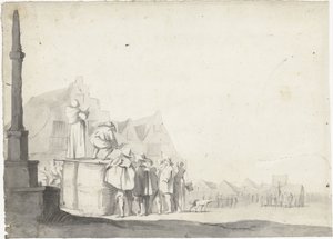 Piac tér bemondóval egy hordón alkotó: Moses ter Borch (possibly)