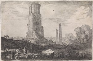 Táj két obeliszk és a "Torre delle Militia" Árkádiai tájak (sorozat címe) alkotó: Moyses van Wtenbrouck