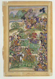 Akbar császár (ur. 1556-1605) az 1572-es samali csatában, az Abul Fazi által készített Akbarnamából, 1590-98 (átlátszatlan wc és arany papíron) alkotó: Mughal School