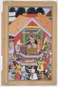 Akbar császárt (1556-1605) nevelőtestvére, Azim Khan szórakoztatta a pandzsábi Dipalpurban, 1571-ben az Abul Fazi által 1590-98-ban készített Akbarnamából (átlátszatlan wc és arany papíron) alkotó: Mughal School