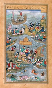 Bahadur szultán és Rumi kán a tengerbe ugrik, amikor portugál hajók veszik körül őket az Akbarnamából alkotó: Mughal School