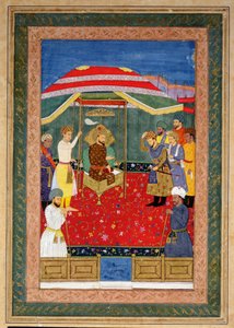 Babur mogul császár (1526-30) a trónon ülve egy herceget fogad, Johnson I. album, 3. szám, 65. alkotó: Mughal School