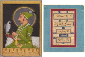 Mohamed Sah mogul császár (uralkodott 1719-1748) posztumusz portréja, aki sólymot tart (recto); kalligráfia (fordítva)