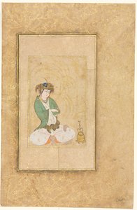 Fűz mellett ülő fiatalok, egyoldalas illusztráció, c. 1600-1650. alkotó: Muhammad Yusuf