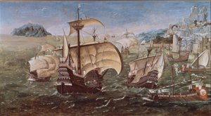 PORTUGÁL HAJÓK EGY SIKLAS PARTON - XVI. SZÁZAD -O / L - 78 × 144 - A GREENWICH MÚZEUM EREDETI MÁSOLA alkotó: Munday John