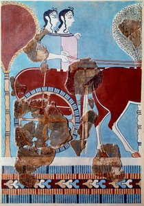 Mükénei művészet: pár a tankon. A tirynsi palota freskótöredéke és rekonstrukciója alkotó: Mycenaean