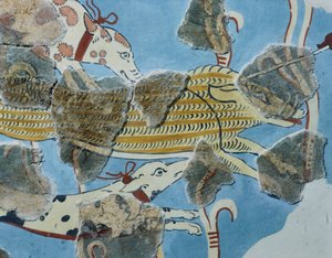 Freskó a Tirinto palotából (Görögország). Részlet: vaddisznóra támadó kutyacsoport. Mükénei civilizáció alkotó: Mycenean