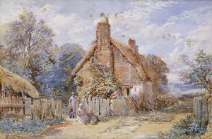 Gyermekek egy nádfedeles kunyhónál Chiddingfoldban, alkotó: Myles Birket Foster