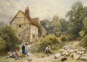 Fowl House Farm, Witley, gyerekekkel, egy pásztorral és egy birkanyájjal a közelben,