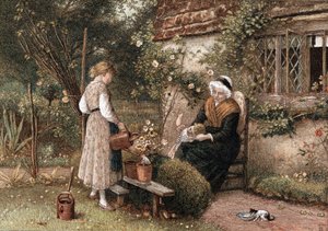 Ifjúság és kor. Kromolitográfia Myles Birkett Foster (1825-1899) angol művész festménye után, Londonban 1866-ban jelent meg. Csipkés sapkás nagymama ül a házikertben két unokával. A lány locsolókannával locsolja a cserépben lévő növényt. Cica dri alkotó: Myles Birket Foster