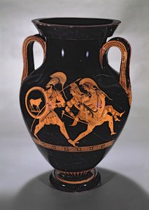 Tetőtéri vörös alakos hasamfora, amely Antiope elrablását ábrázolja Theseusszal és Pirithousszal, ie 500-490 körül (kerámia) alkotó: Myson