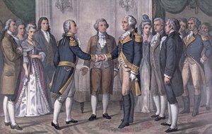George Washington tábornok (1732-99) és de La Fayette márki (1757-1834) Philadelphia első találkozója, 1777. augusztus 3., 1876-ban publikálva (színes litó) alkotó: N. and Ives J.M. (after) Currier