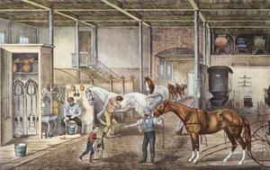 Modell istálló, ahol a fiúk és a lovászok valóban gondozzák a lovakat, metszet Currier és Yves "Amerika" című könyvéből 1870-ben. alkotó: N. and Ives J.M. (1824 95) Currier