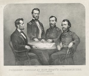 Lincoln elnök a Genl. Grant székhelye, 1865 körül (kőnyomat) alkotó: Currier and Ives
