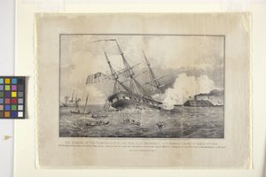 Cumberland elsüllyedése – A vaskalapos "Merrimack" (litográfia)