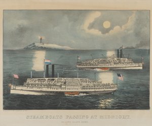 Éjfélkor elhaladó gőzhajók Long Island Soundon alkotó: Currier and Ives