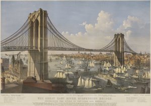 A Great East River függőhíd: New York és Brooklyn városainak összekötése alkotó: Currier and Ives