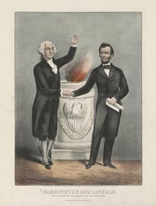 Washington és Lincoln. Hazánk atyja és megmentője, 1865 körül (színes litográfia) alkotó: Currier and Ives