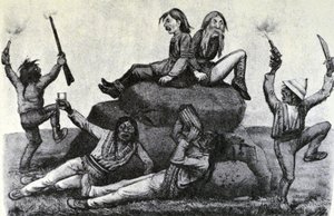 Currier & Ives illusztráció 19. század. Üvöltő hullámzás – a háborús ösvényen (Thomas Worth eredeti rajza, amelyből az eredeti nyomat készült) alkotó: N. and Ives, J.M. Currier