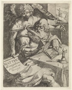 Máté evangélista Matthei Evangelium nyit, és vitatkozik (cím a tárgyon) Címlap ehhez: S. van Til, Het euangelium des H. Apostles Matthæi (...) rövid jegyzetekkel megnyitva, 1687 alkotó: N. van Til