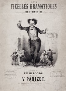 Jean Berthelier (1830-1888) portréja, aki a bábok fiait tartja kezében. Album „Les Ficelles Dramatiques, amelyet Berthelier de l’opera comique bontott ki” alkotó: Nadar