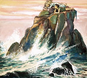 Pán Péter és Wendy Darling egy sziklán, illusztráció J.M. Barrie 