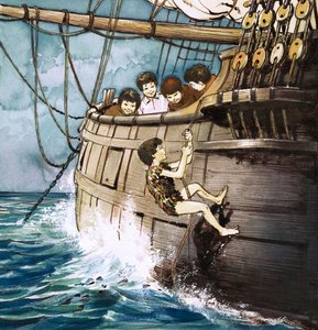 Pán Péter felmászik a fedélzetre, illusztráció J.M. Barrie "Pán Péter" című művéből (gouache, papír) alkotó: Nadir Quinto
