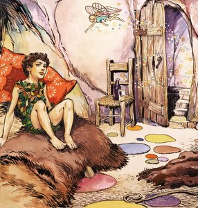 Pán Péter beszélget Csingilinggel, illusztráció J.M. Barrie "Pán Péter" című művéből (gouache, papír) alkotó: Nadir Quinto