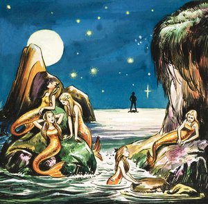 Peter és a sellők, illusztráció J.M. Barrie Pán Péter című művéből (gouache, papír)