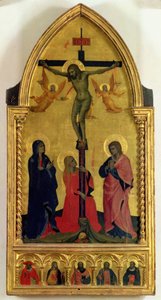 A keresztre feszítés gyászolókkal és Szent Mária Magdolnával, a predella panel, amely SS. Jeromos, Pál, Jakab, Péter és egy ismeretlen szent (tempera, tábla). alkotó: Nardo di Cione Orcagna