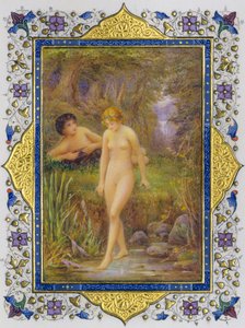 Illuminált oldal egy Shakespeare szonetteket tartalmazó könyvből, meztelen nővel, pásztori fanta... alkotó: Nathan Benn