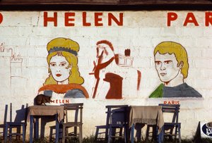 Falfestmény a trójai Heléna kávézóban, Törökország, Trója alkotó: Nathan Benn