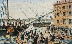 Boston Tea Party, angol teásládákat dobtak ki a telepesek Boston kikötőjében, december 16 alkotó: Nathaniel (after) Currier