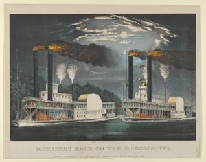Midnight Race on the Mississippi, 1875., 1875. Alkotók: Nathaniel Currier, James Merritt Ives, Currier és Ives. alkotó: Currier and Ives
