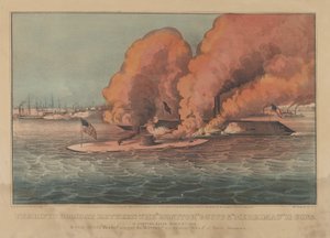 Remek harc a monitor között 2 Guns & Merrimac 11 Guns – Hampton Roads March..., 1862. Alkotók: Nathaniel Currier, James Merritt Ives, Currier és Ives. alkotó: Currier and Ives
