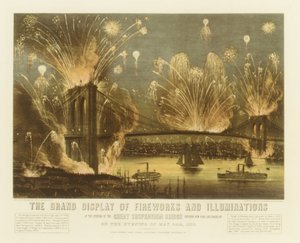 The Grand Display of Fireworks and Illuminations at the Opening of the Great Suspension Br..., 1883. Alkotók: Nathaniel Currier, James Merritt Ives, Currier és Ives. alkotó: Currier and Ives