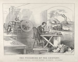 Az évszázad előrehaladása – A villámgőznyomó. Az elektromos távíró. The Locom..., 1876. Alkotók: Nathaniel Currier, James Merritt Ives, Currier és Ives.
