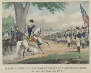 Washington átveszi az amerikai hadsereg parancsnokságát – Cambridge-ben, Massachusetts államban, 1876. július 3., 17... Alkotók: Nathaniel Currier, James Merritt Ives, Currier és Ives. alkotó: Currier and Ives