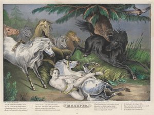 Mazeppa: Négy (4) tányérból álló készlet 3. tányérja (vadlovakkal körülvéve) alkotó: Nathaniel Currier