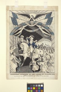 Washingtoni fogadtatás a hölgyek által a trentoni hídon áthaladva (kézzel színezett litográfia) alkotó: Nathaniel Currier