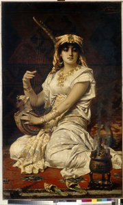 Almee (Almee). Egy gyönyörű, tanult és művelt nő portréja, zenél, egyiptomi jelmezbe öltözött. Nathaniel Sichel (1843-1907) festménye, olaj, vászon