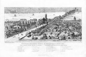 Southwark és London Bridge, ahogyan 1546 körül megjelentek, 1860 körül.