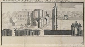 A Holdenby-ház és romjai déli nézete 1729-ben
