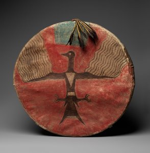 Pajzs, 1885 körül (cserzett bőr, pigment, fa és toll) alkotó: Native American