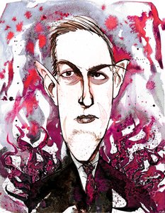 Howard Phillips Lovecraft amerikai horror és sci-fi író (1890-1937); karikatúra alkotó: Neale Osborne