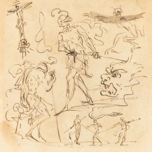 Tanulmányi lap kardot húzó katonáról, feszületről, szörnyű állatokról és más figurákról alkotó: Neapolitan 17th Century