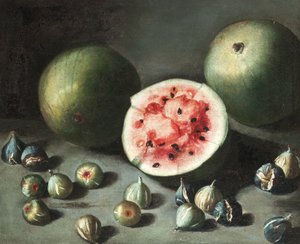 Görögdinnye és füge egy kőpárkányon alkotó: Neapolitan School