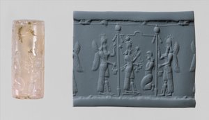 Ishtar hengerpecsétje és modern benyomás, c. Kr.e. 8–7. század (kalcedon)