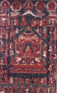 Buddha beavatja az alamizsnavétel gyakorlatát, a „The Prabha”-tól (függő tekercs) alkotó: Nepalese School