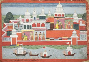 Rukmini engedélyt kér Krsnának, hogy meglátogassa Rukma testvérét, a Bhagavata Purana kéziratának oldala, 1775 körül alkotó: Nepalese School